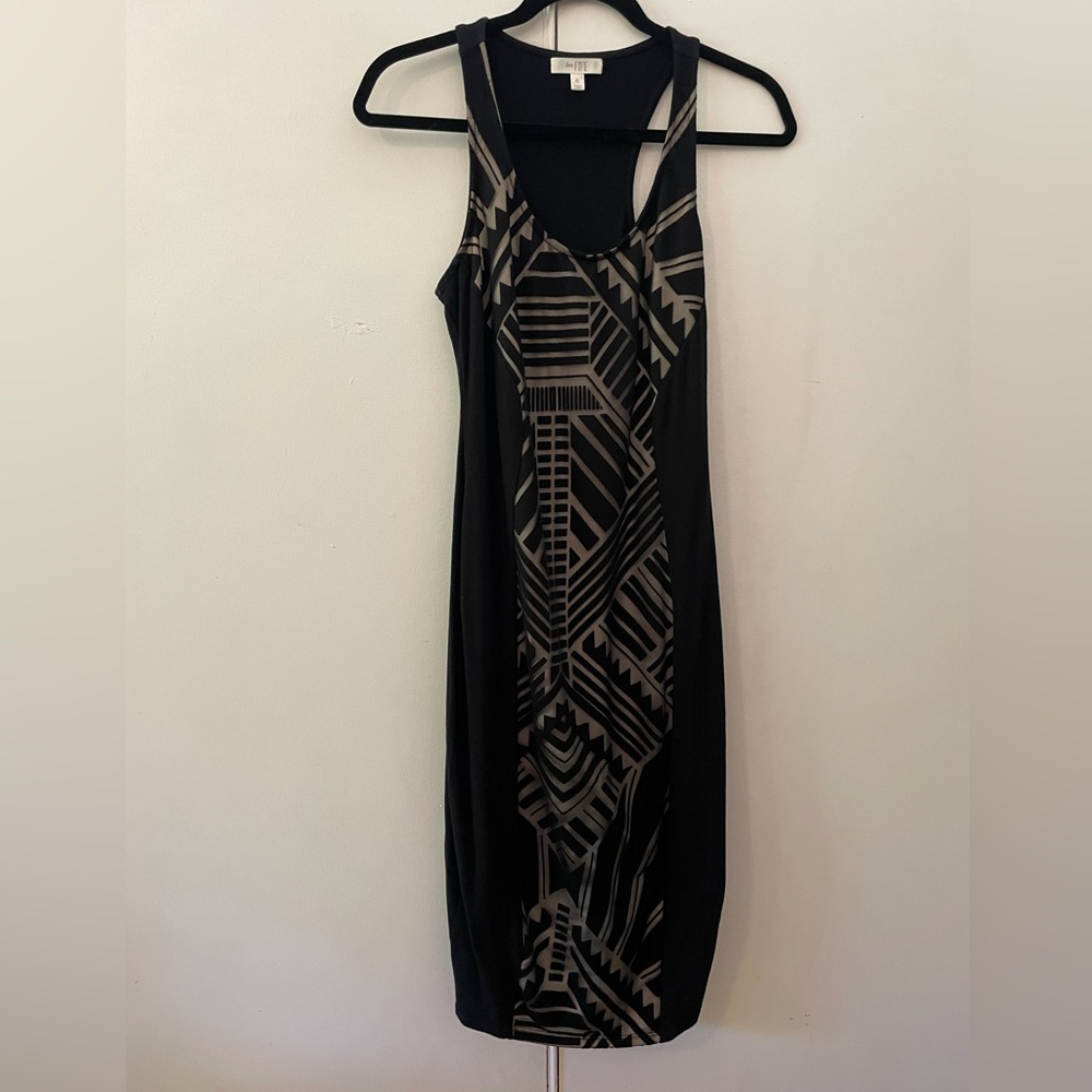 Love, Fire midi body con dress, black with neutral tribal design, Medium.